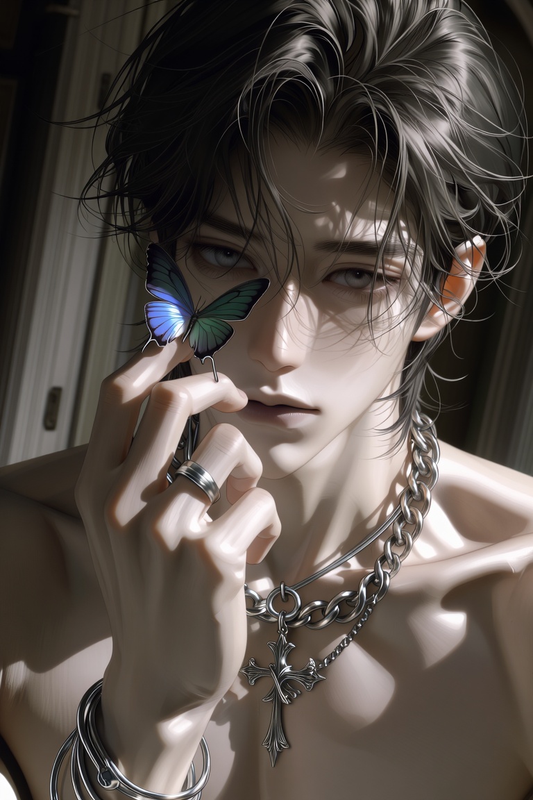 A close-up,  sunlit portrait of a young man looking directly at the viewer. He has pale skin and messy,  wet-looking black...