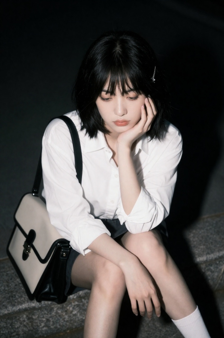 An ethereal,  high-fashion portrait captures a young woman in a pensive moment,  her jet-black hair styled in a short on T...