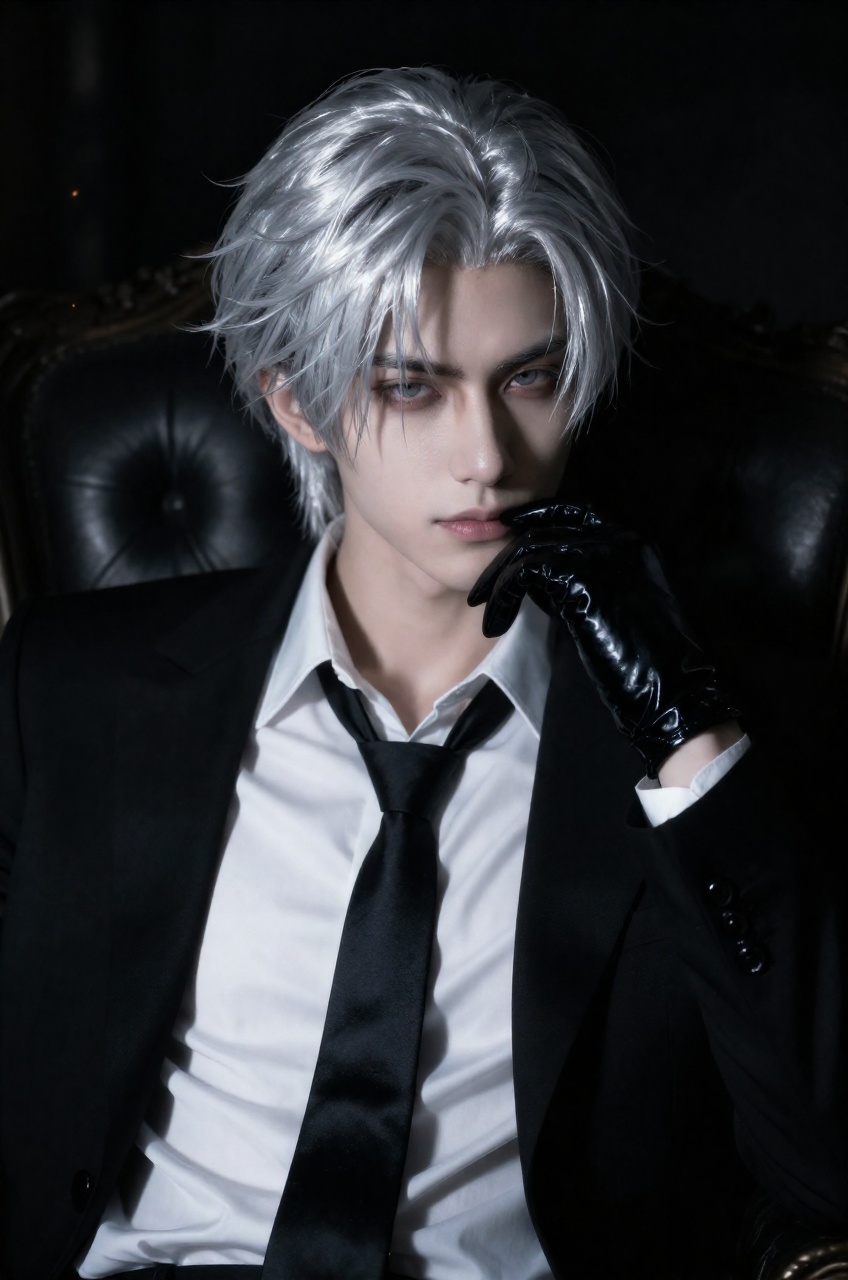 Exuding a cold,  aristocratic magnetism,  the silver-haired subject is captured in an extreme head close-up that magnifies...