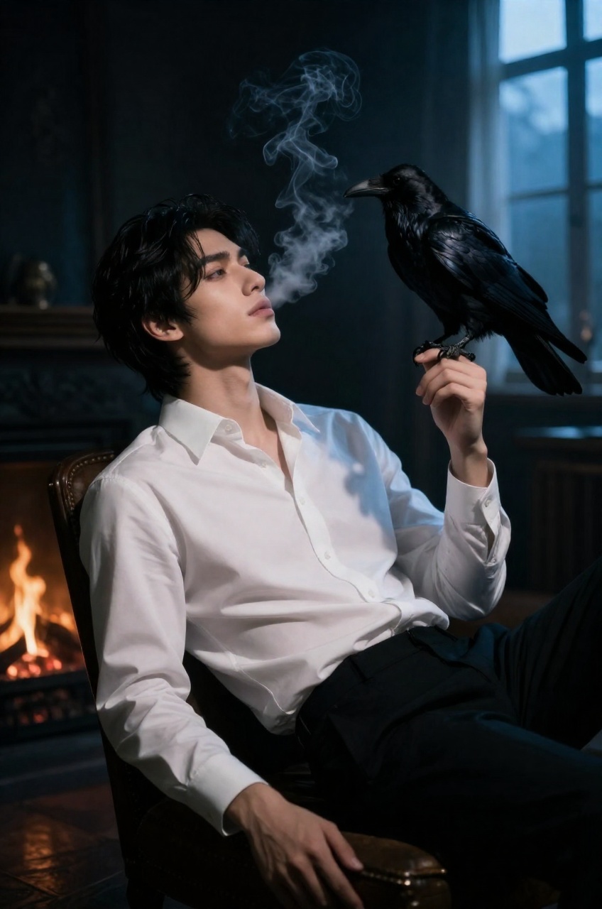 An elegantly composed portrait captures a young man exuding a quiet,  gothic sophistication as he reclines in a dimly lit...