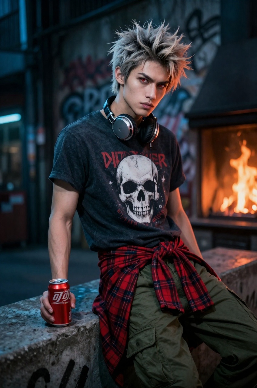 Leaning with a relaxed yet defiant air against a concrete ledge,  the young man exudes a simmering intensity,  his body we...