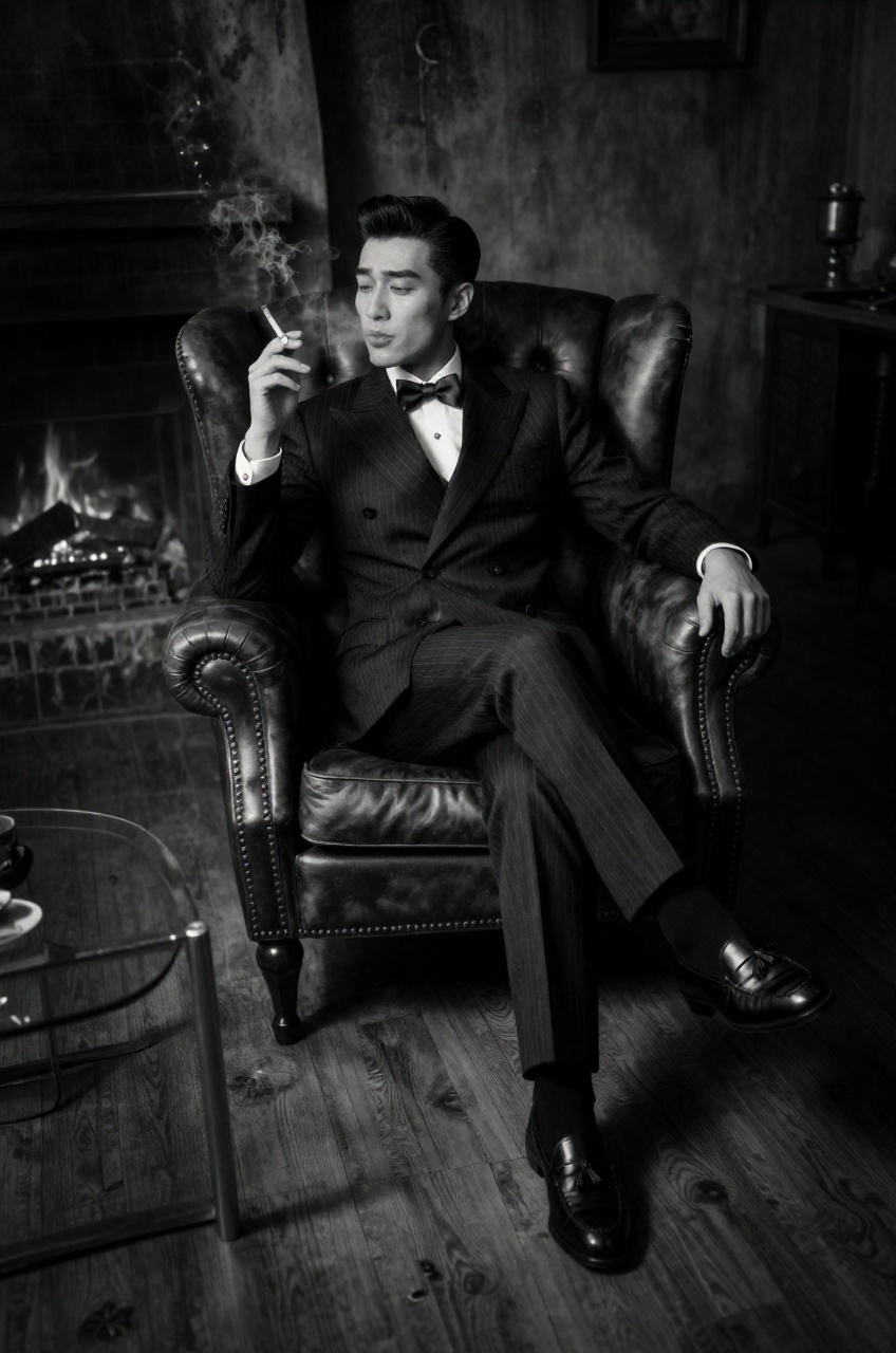 A distinguished gentleman commands the room from the depths of a plush leather armchair,  his presence amplified by the mo...