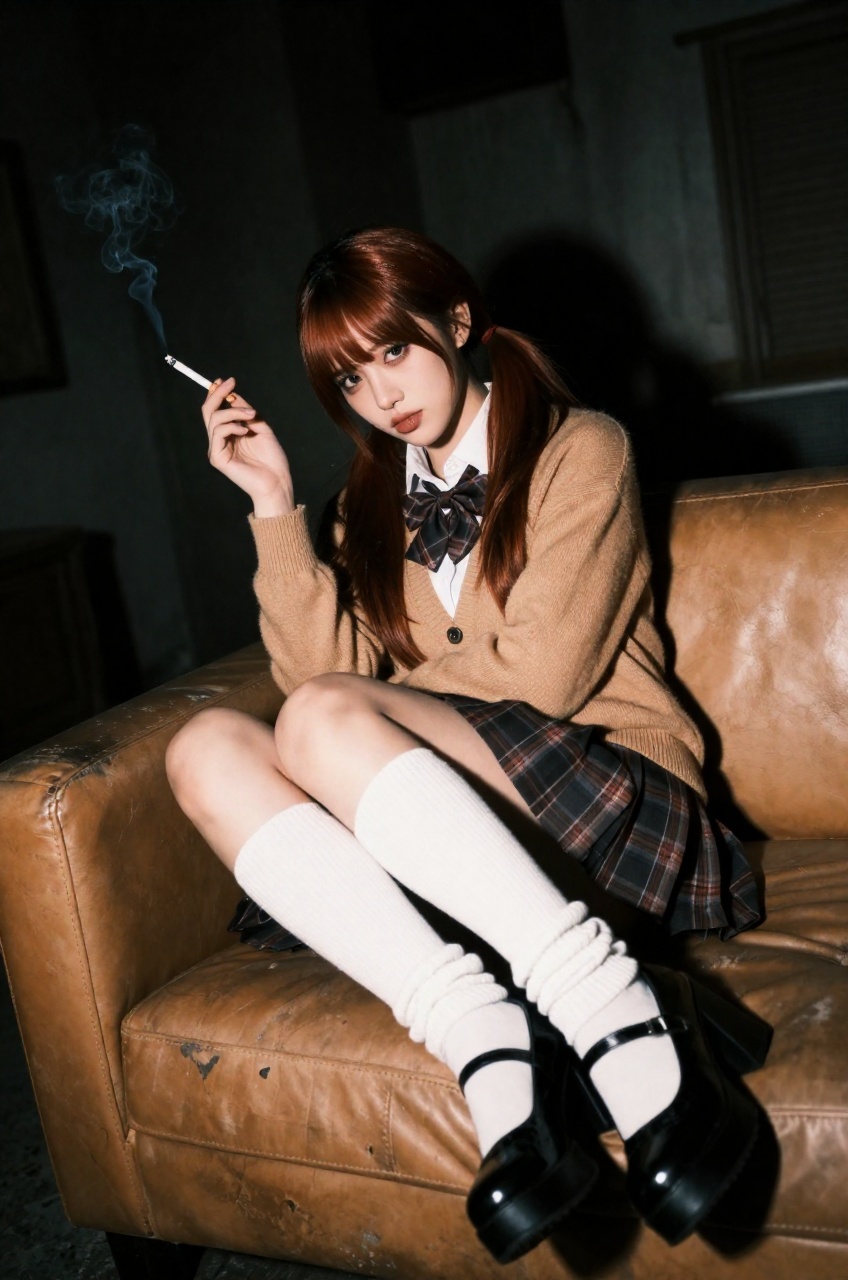A high-end editorial film photograph captures a young woman sitting on a weathered,  tan leather couch in a dimly lit,  gr...