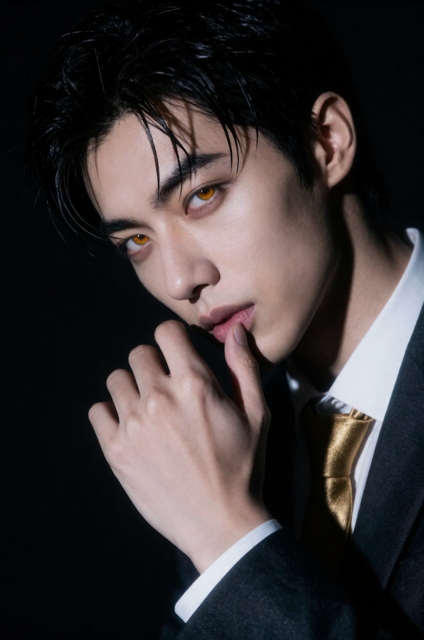 a striking man with ethereal,  amber-colored eyes that pierce through a veil of mystery,  his skin rendered with a porcela...