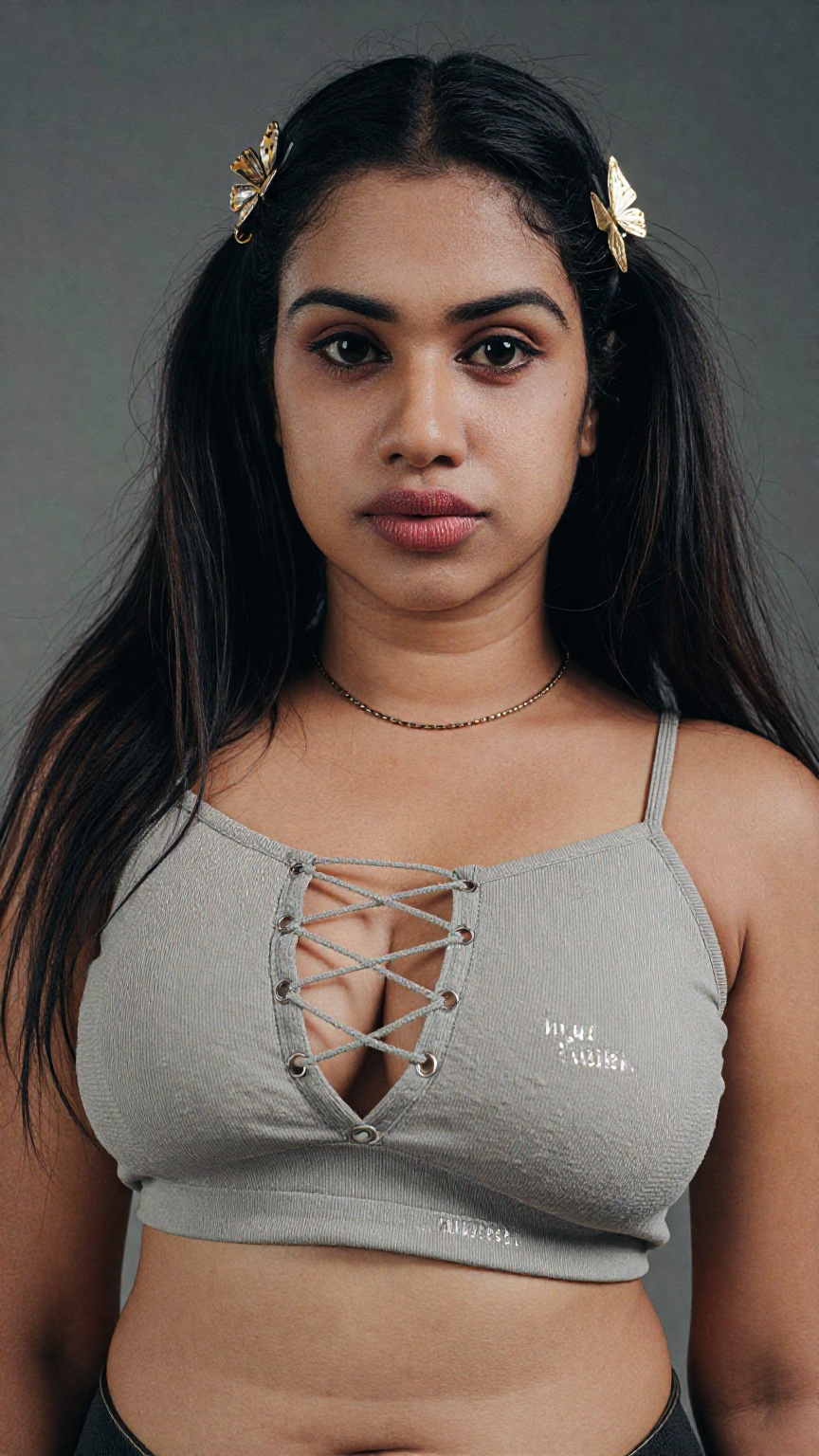 Create a stunning portrait of a South Asian woman,  showcasing her midriff and navel in a centered composition. Her navel...