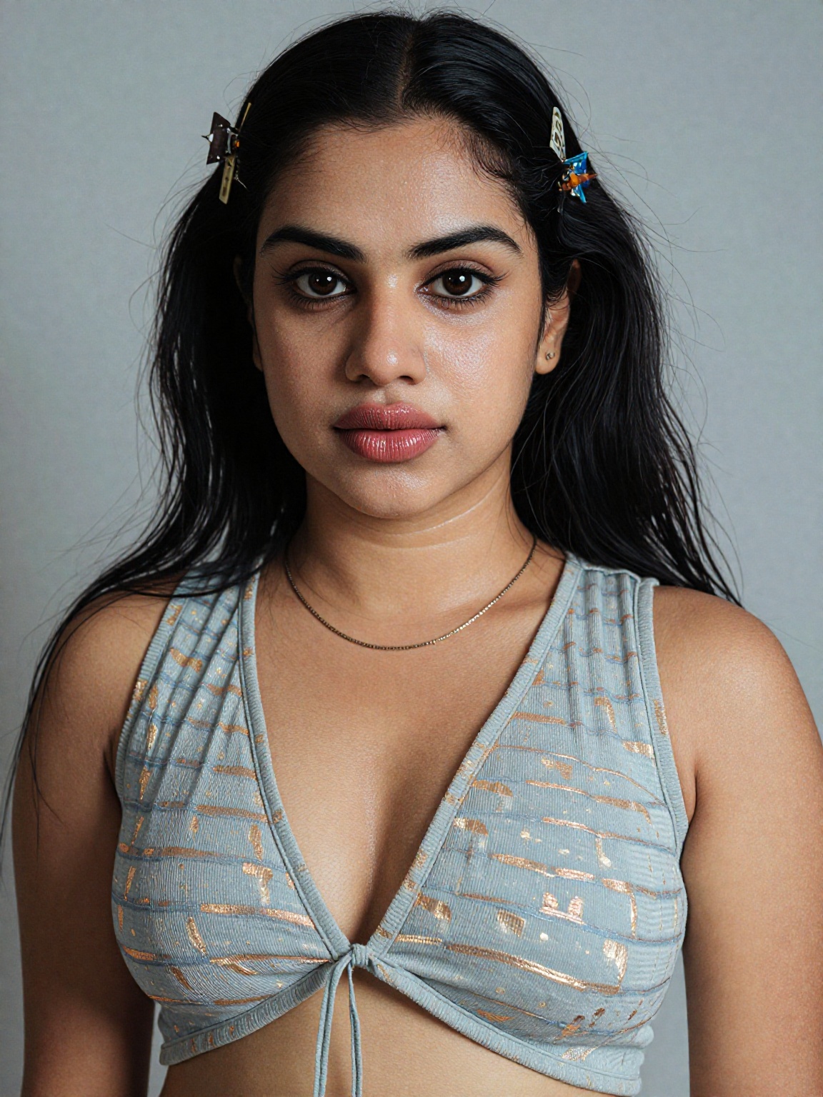 face-to-navel portrait of a stunning South Asian woman,  centered composition,  direct eye contact on Tensor.Art