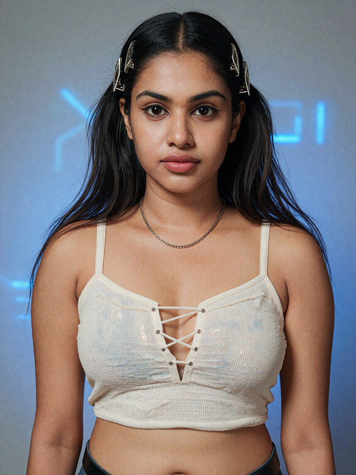 Create a stunning portrait of a South Asian woman,  showcasing her midriff and navel in a centered composition. Her navel...