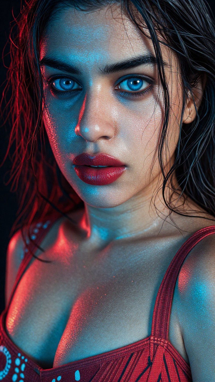 This is a highly stylized,  half body portrait photograph of a young Indian woman with a captivating,  intense expression....