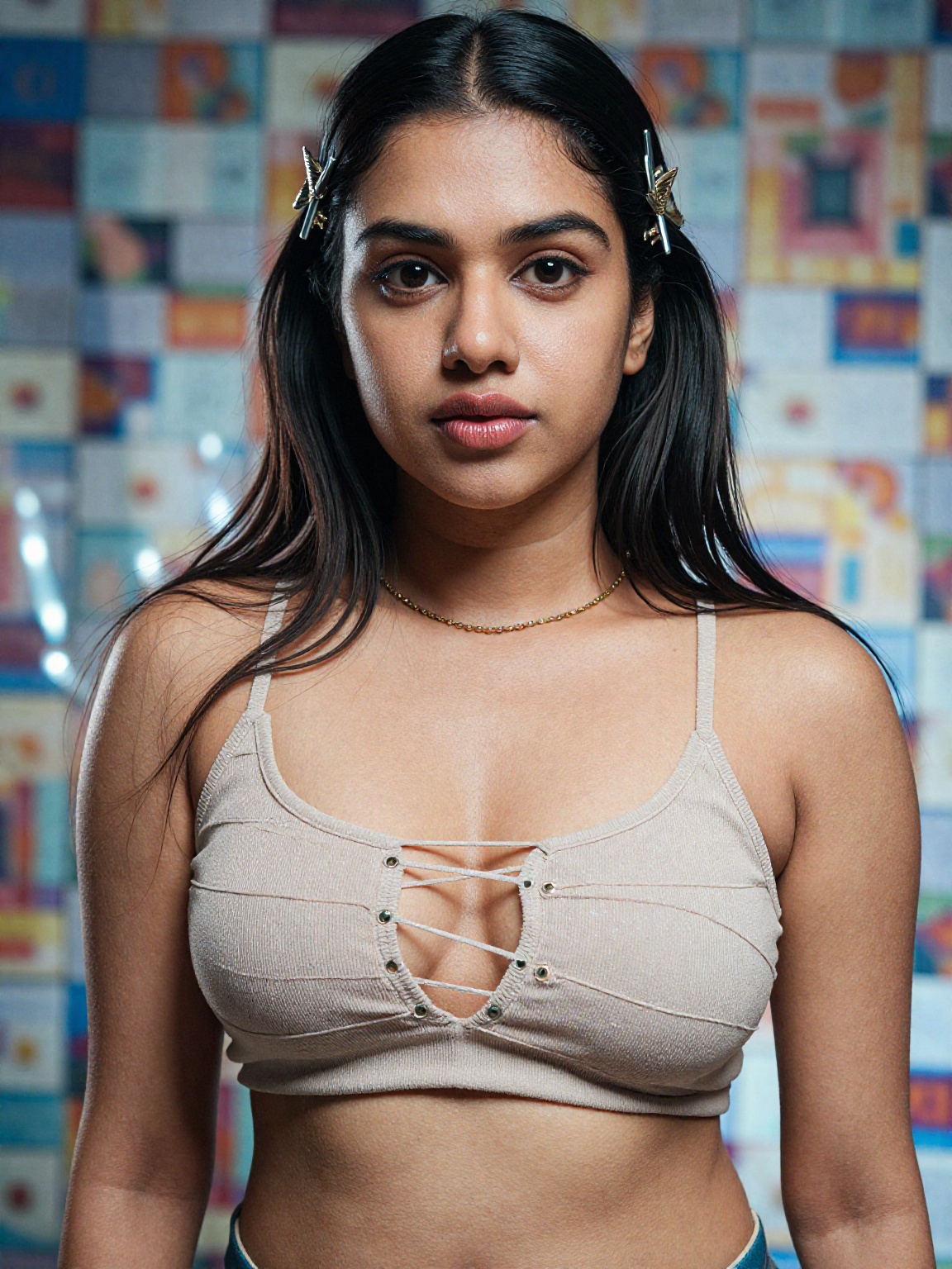 portrait of a stunning South Asian woman show her midriff navel,  centered composition,  her navel look so plumpy on Tenso...