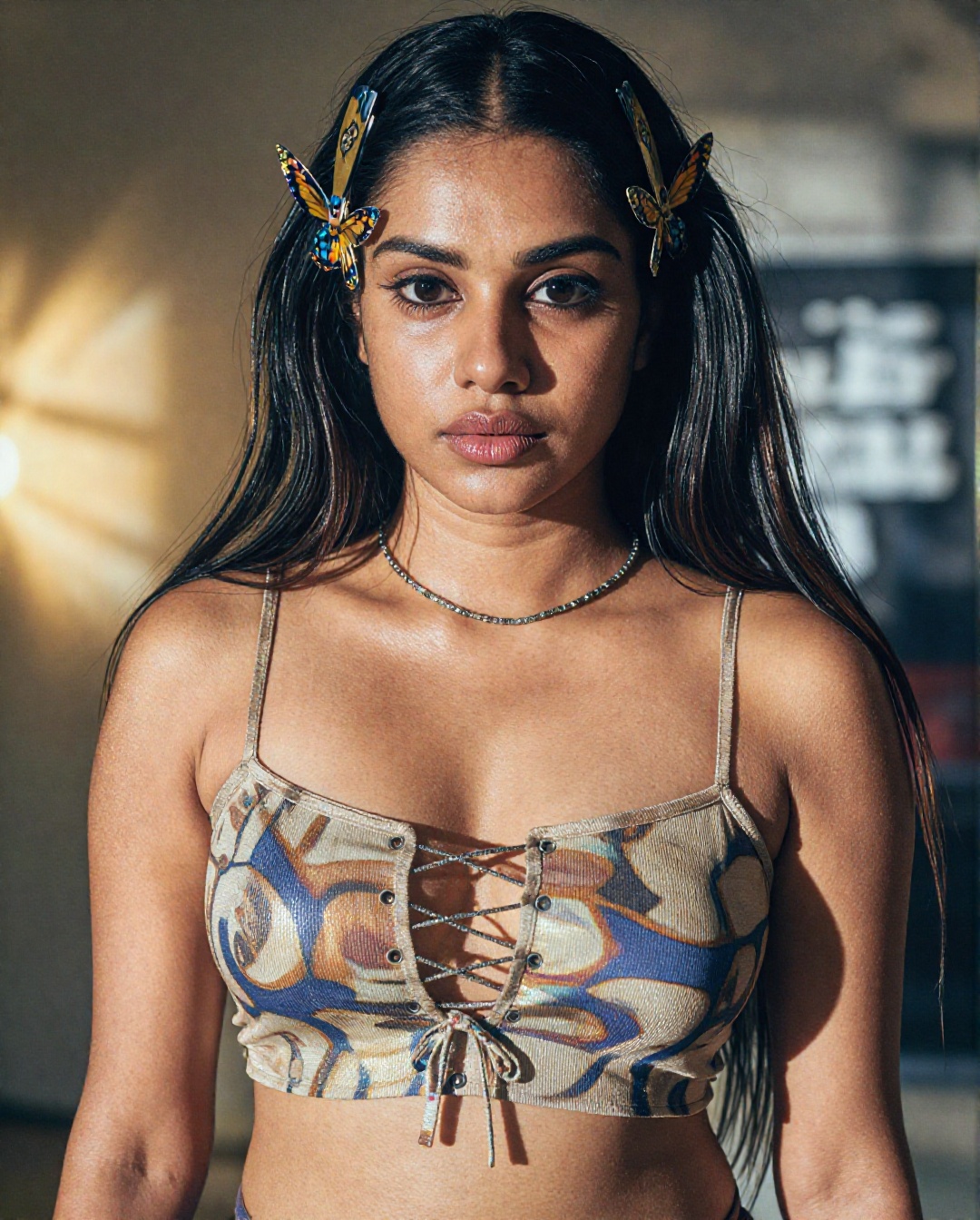 face-to-navel portrait of a stunning South Asian woman show her midriff navel,  centered composition,  direct eye contact...