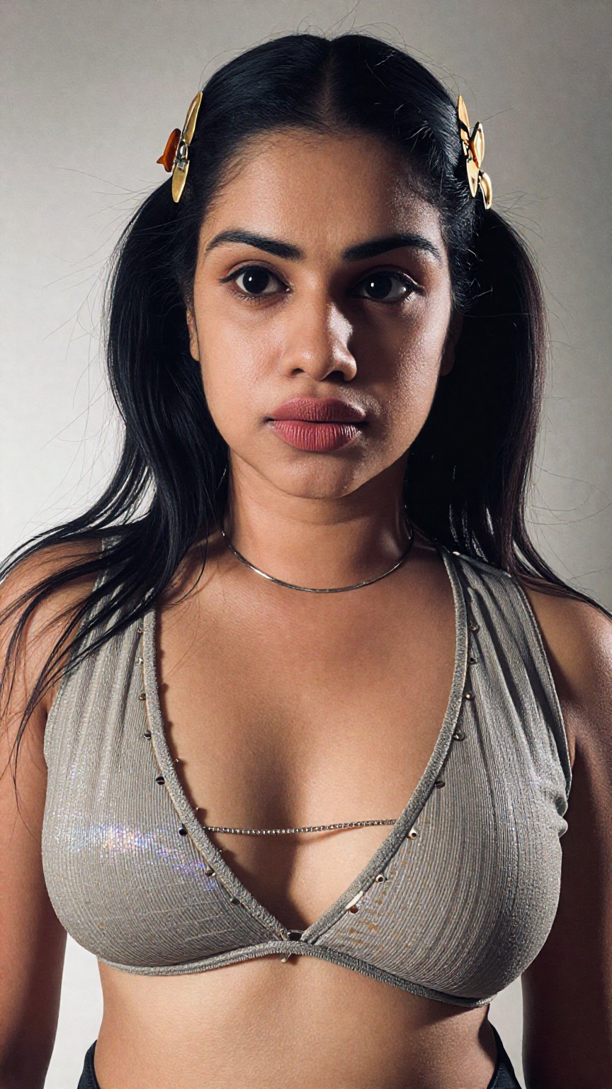 Create a stunning portrait of a South Asian woman,  showcasing her midriff and navel in a centered composition. Her navel...