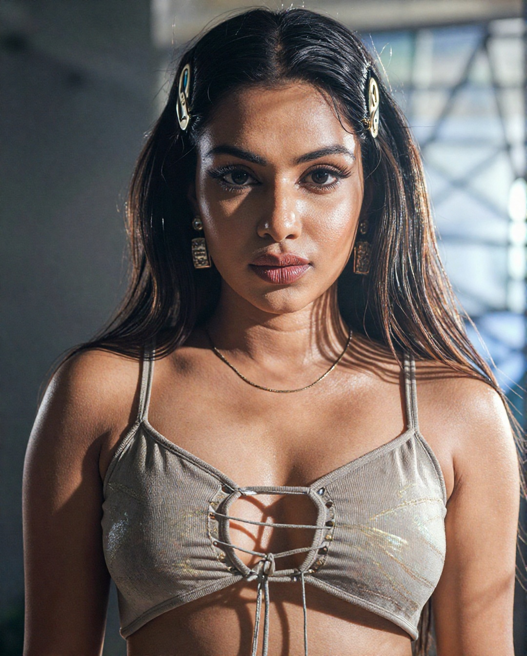 face-to-navel portrait of a stunning South Asian woman show her midriff navel,  centered composition,  direct eye contact...