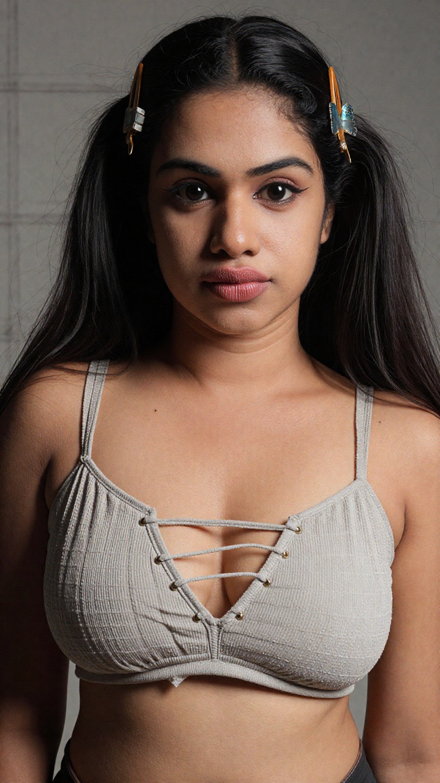 Create a stunning portrait of a South Asian woman,  showcasing her midriff and navel in a centered composition. Her navel...