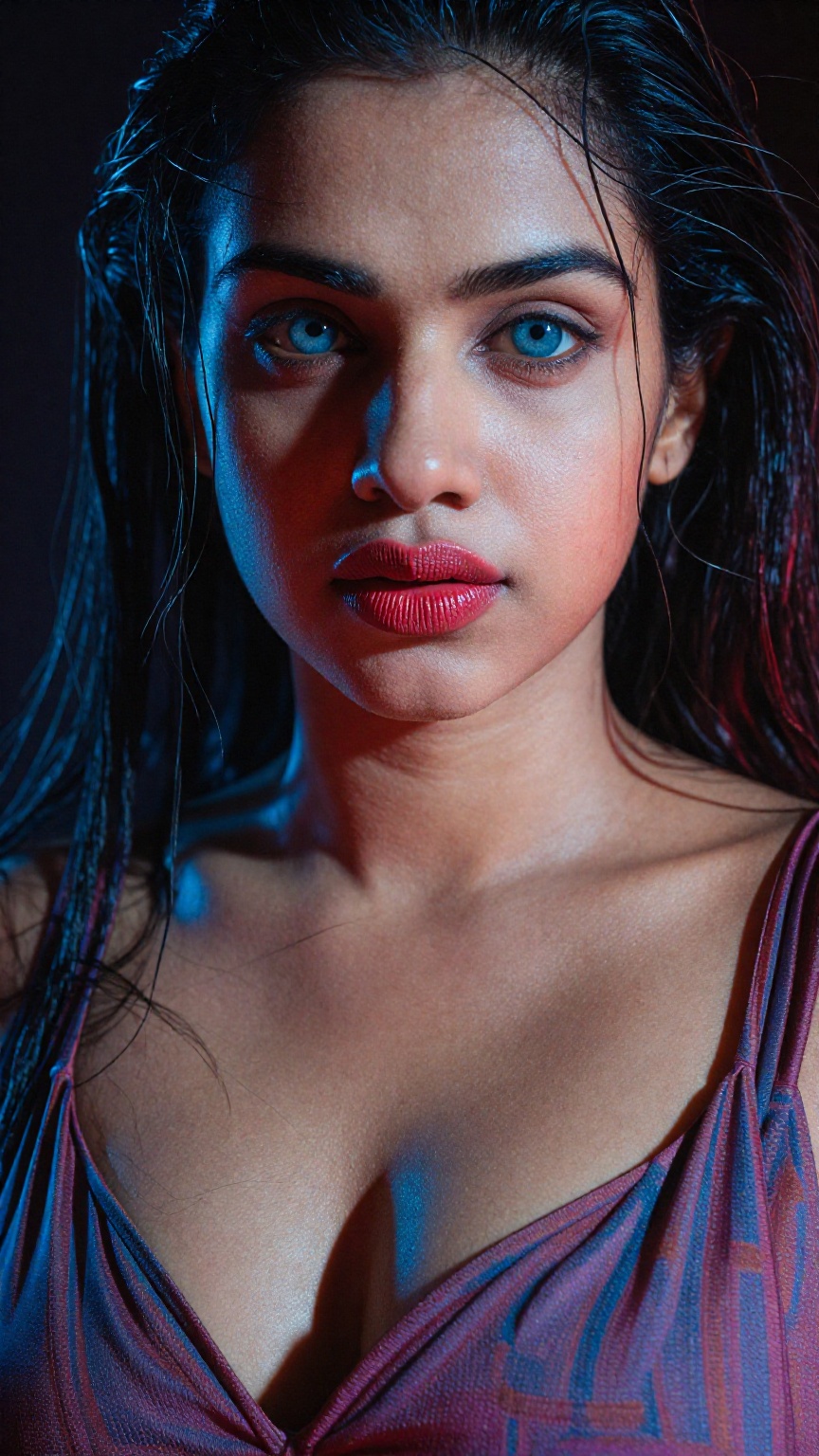This is a highly stylized,  half body portrait photograph of a young Indian woman with a captivating,  intense expression....