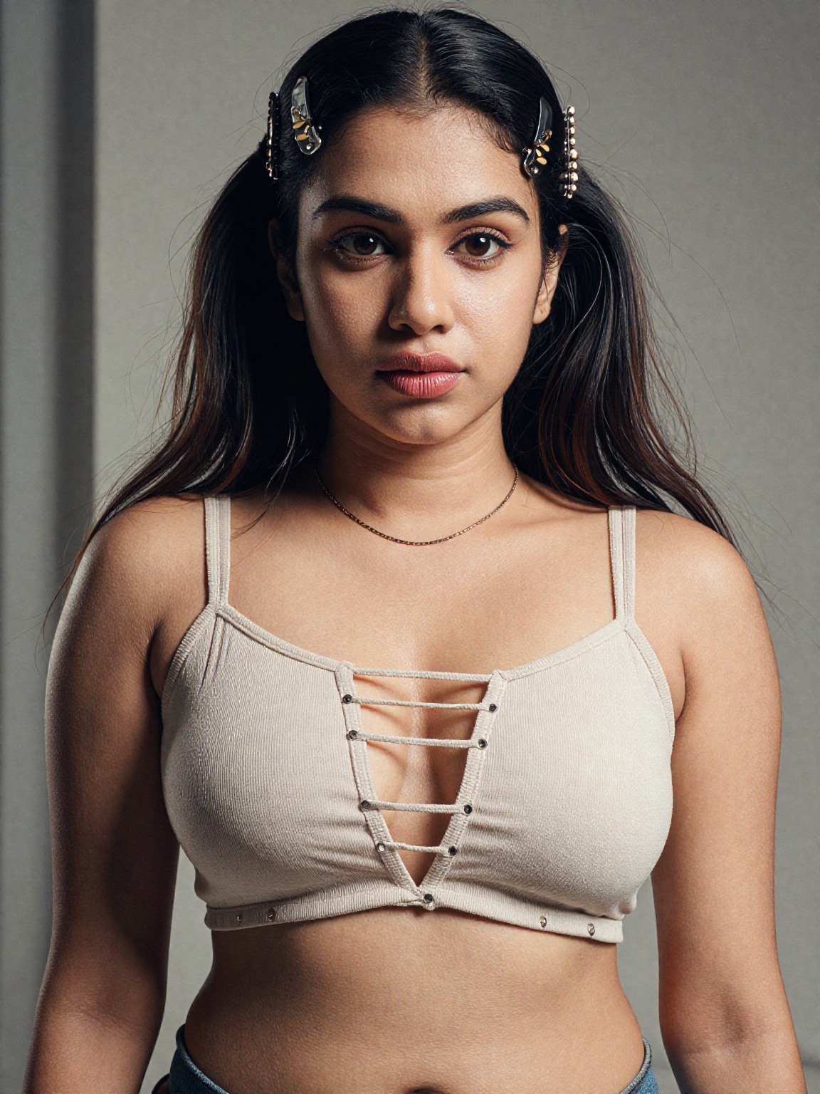 portrait of a stunning South Asian woman show her midriff navel,  centered composition,  her navel look so plumpy on Tenso...