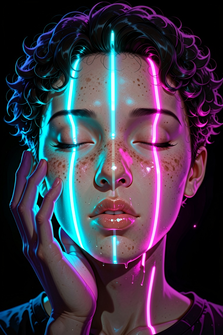 close-up portrait of a young person with short curly dark hair,  eyes gently closed as if lost in meditation or music,  fa...