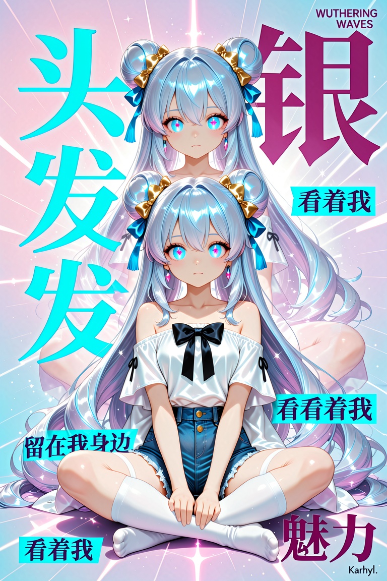 vertical poster-style illustration featuring two versions of same anime girl with silver-blue hair styled in twin buns ado...