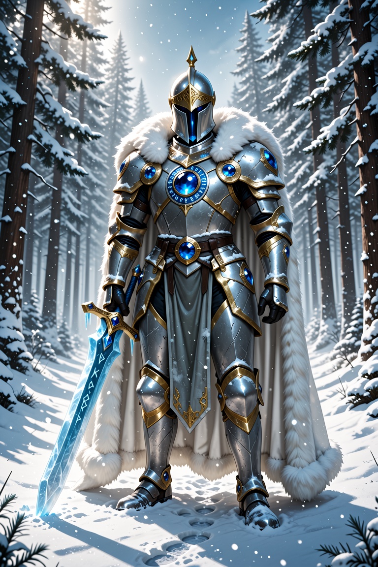 full-body heroic stance of an armored knight standing tall in snowy forest during gentle snowfall,  facing forward with he...