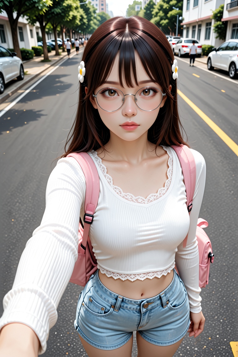 high-angle selfie shot from slightly above eye level,  young East Asian woman early 20s,  fair porcelain skin with soft na...