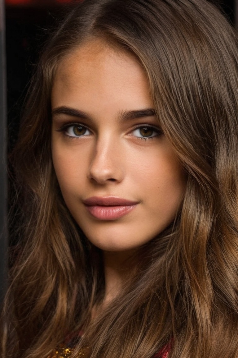 A stunning portrait of a young woman ,  gazing directly at the viewer with a confident and alluring expression,  flawless...