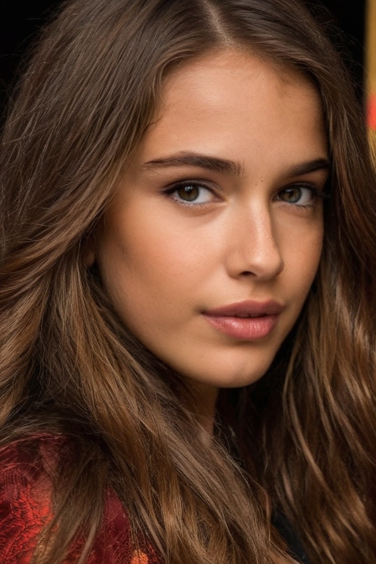 A stunning portrait of a young woman ,  gazing directly at the viewer with a confident and alluring expression,  flawless...