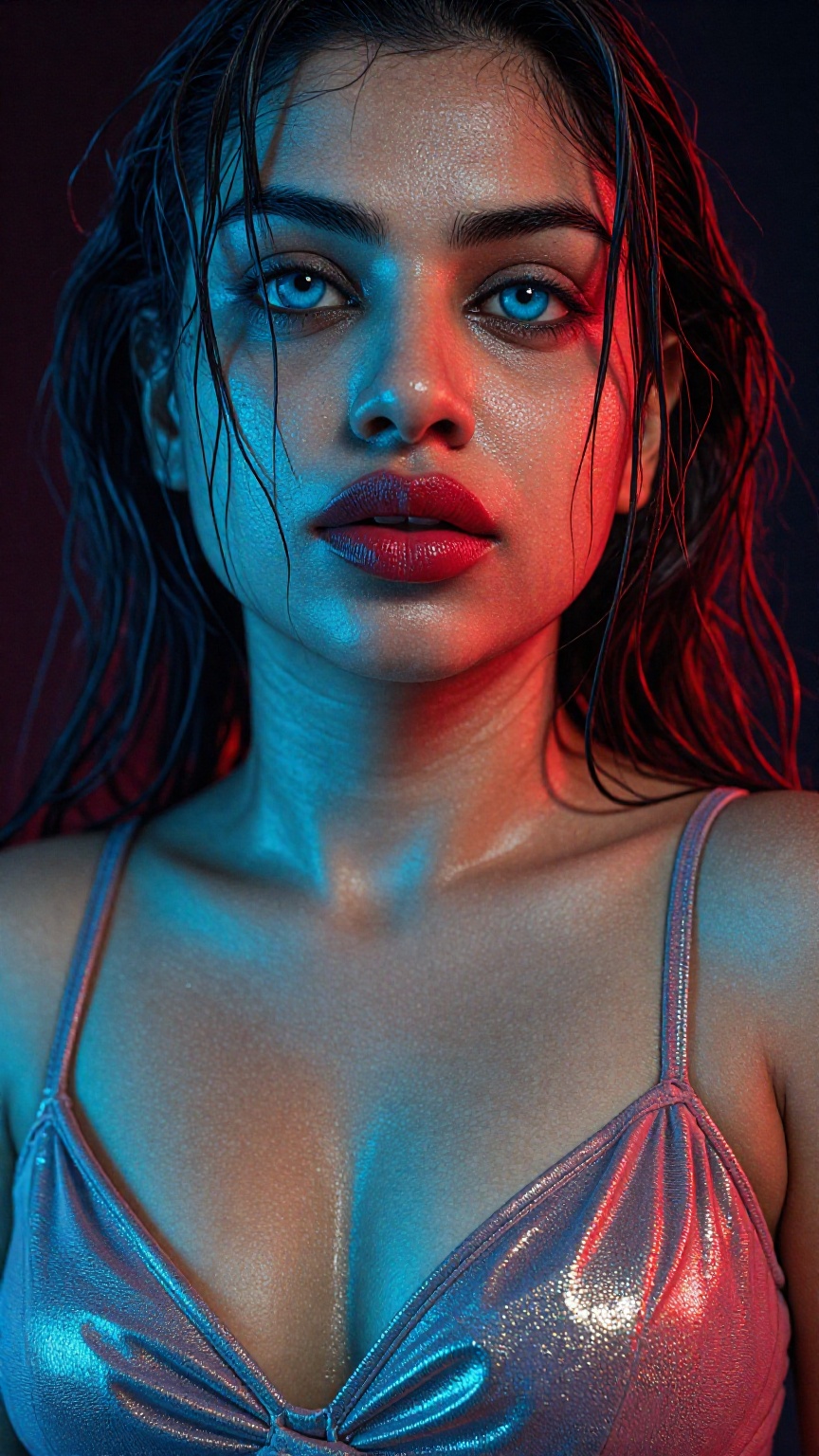 This is a highly stylized,  ultra realistic low angle half body portrait photograph of a 28 years old sreelankan woman wit...