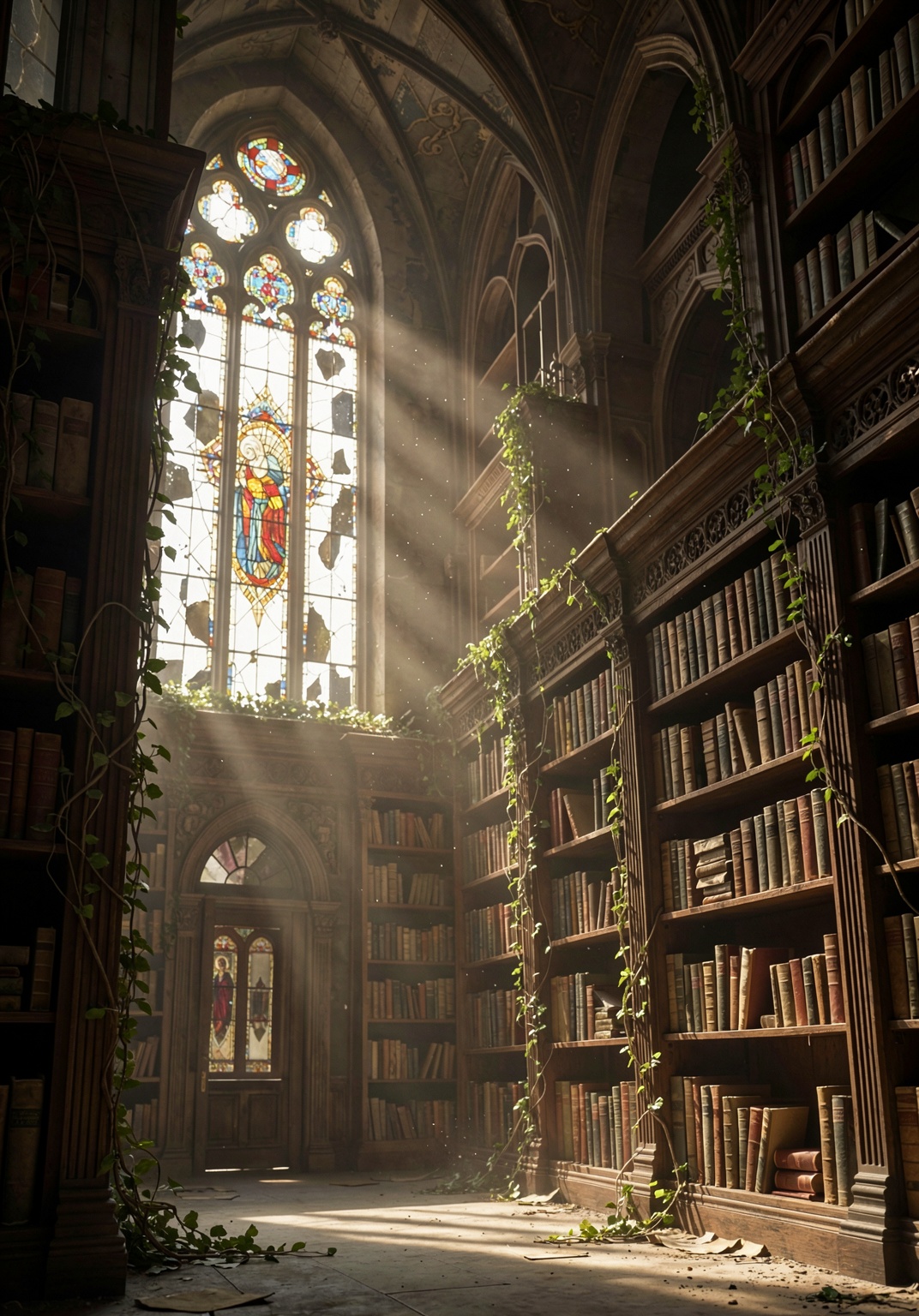An ultra-realistic architectural photograph of a grand,  abandoned gothic library slowly being reclaimed by nature. Thick...