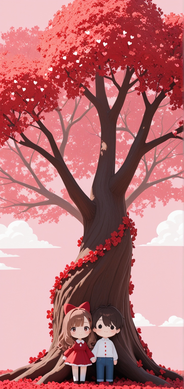 A cute romantic “love tree” scene in a paper-cut and soft 3D vector art style. Centered is a large tree with a brown wood-...