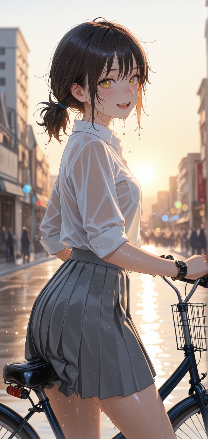A cinematic photograph of a beautiful young Japanese girl riding a vintage bicycle on a wet city street during a sun showe...