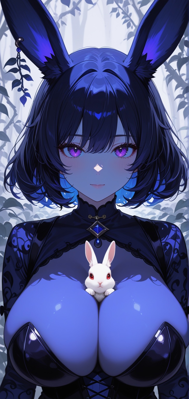 "A hand-drawn style portrait of a young girl holding a rabbit,  rendered entirely in a duo-tone color scheme of purple and...