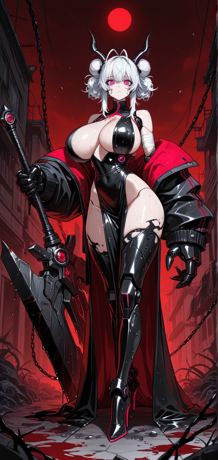 The beautiful mecha lady with (elegant style),  dressing in (red elegant colour) mecha jacket hody armor,  huge boobs on T...