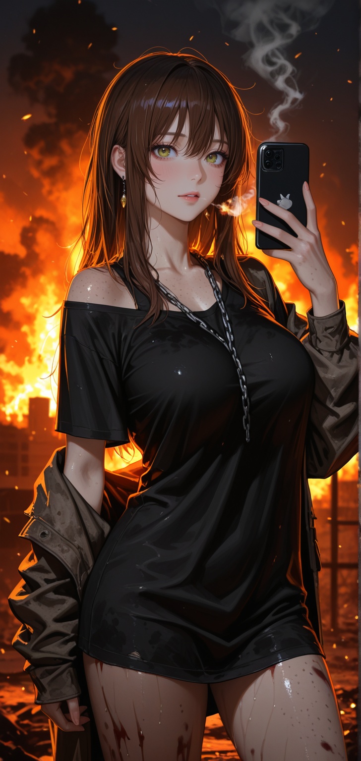 Ultra-realistic cinematic post-apocalyptic portrait of a young beauty asian woman taking a selfie with a smartphone,  arm...