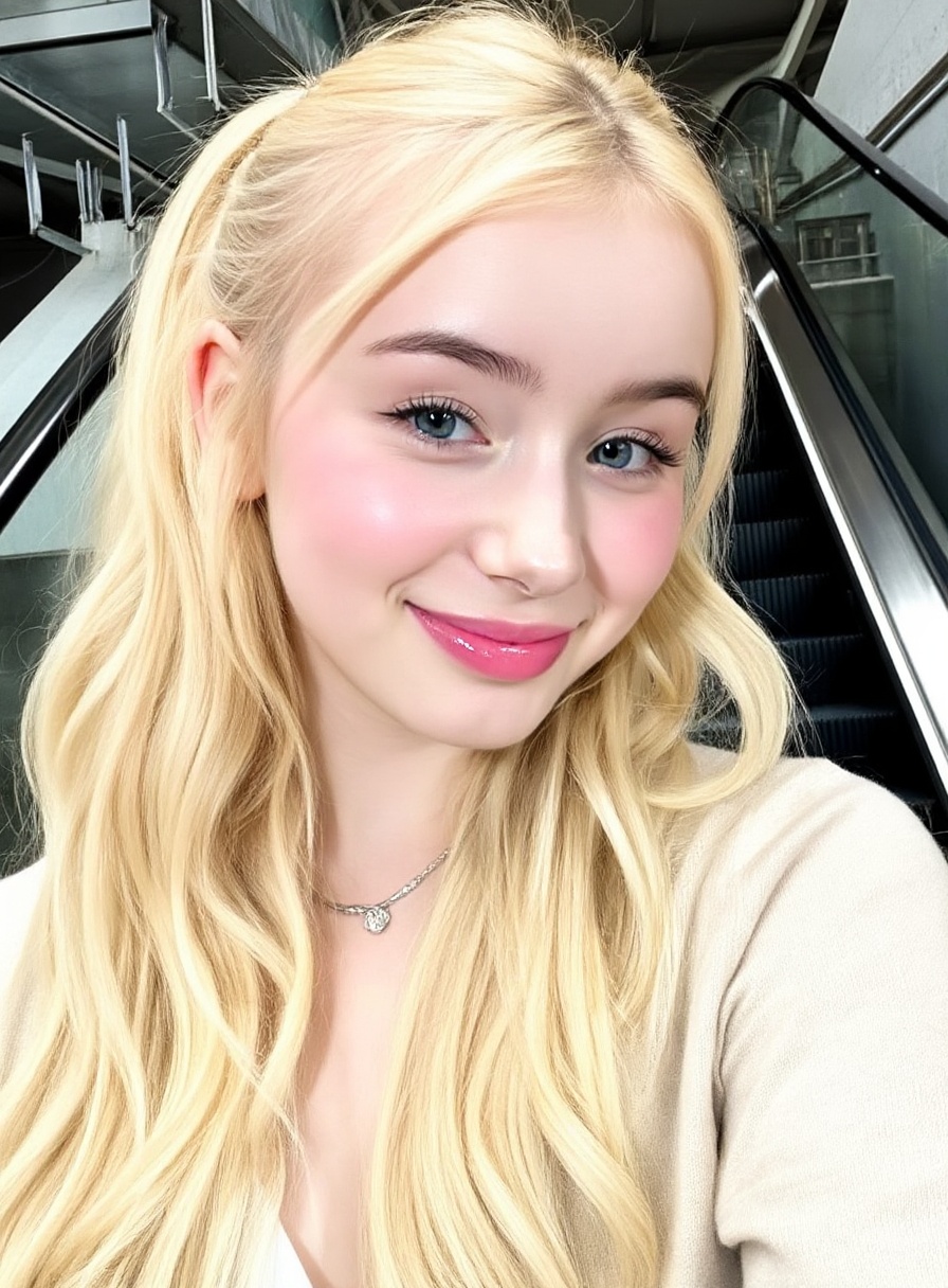 Bulebarbi3,  A young female with long,  wavy blonde hair and blue eyes looks directly at the camera with a gentle smile. H...