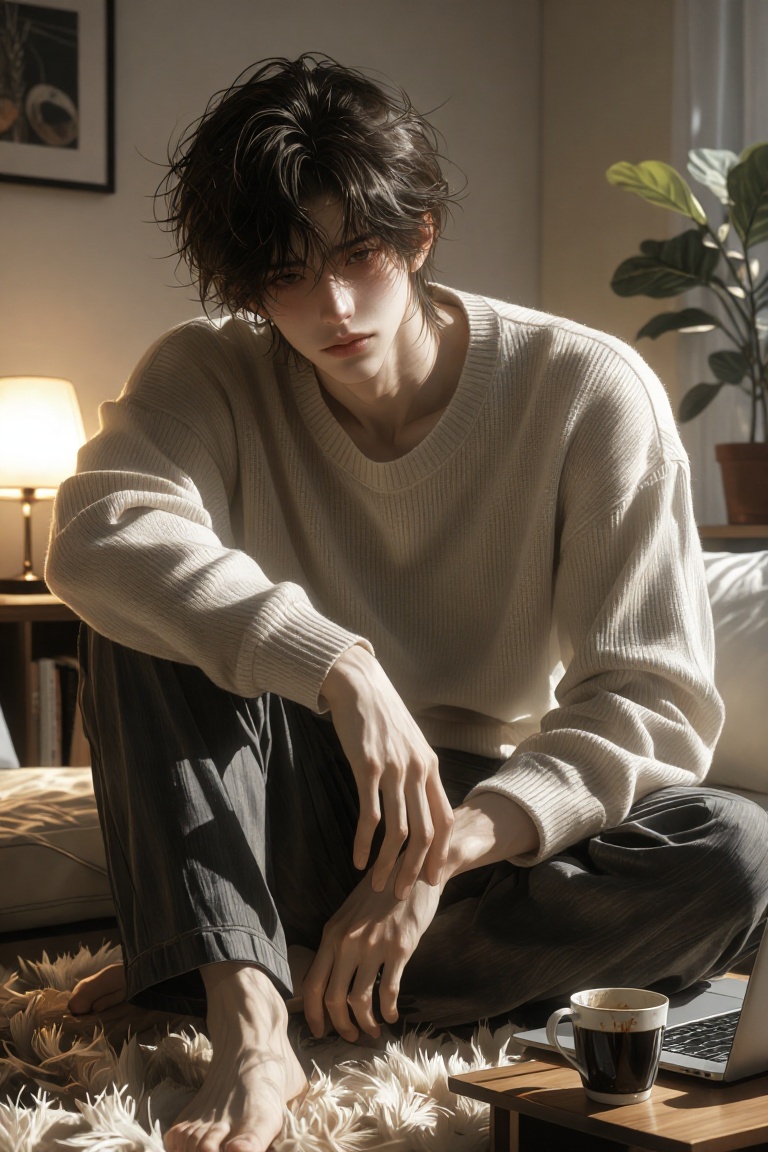 A high-quality digital illustration of a handsome young man with fair skin,  tousled dark brown hair swept to the side,  a...