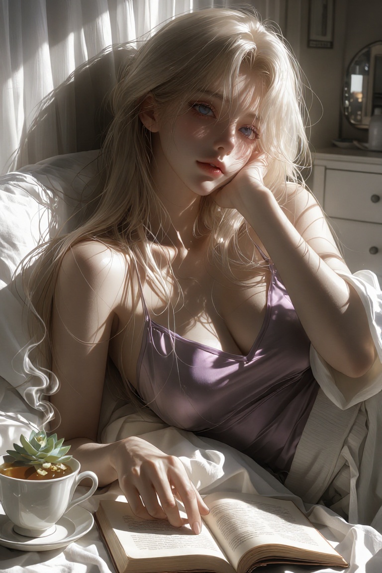 A high-quality digital illustration of a beautiful young woman with porcelain skin,  long platinum blonde hair spread acro...
