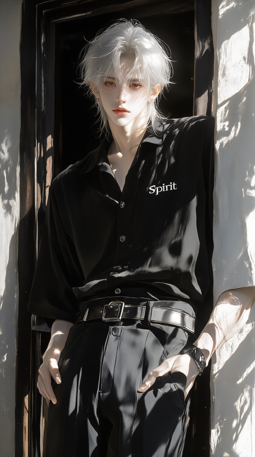 A person with white hair stands leaning against a wall,  dressed in a loose-fitting black shirt featuring the word "Spirit...