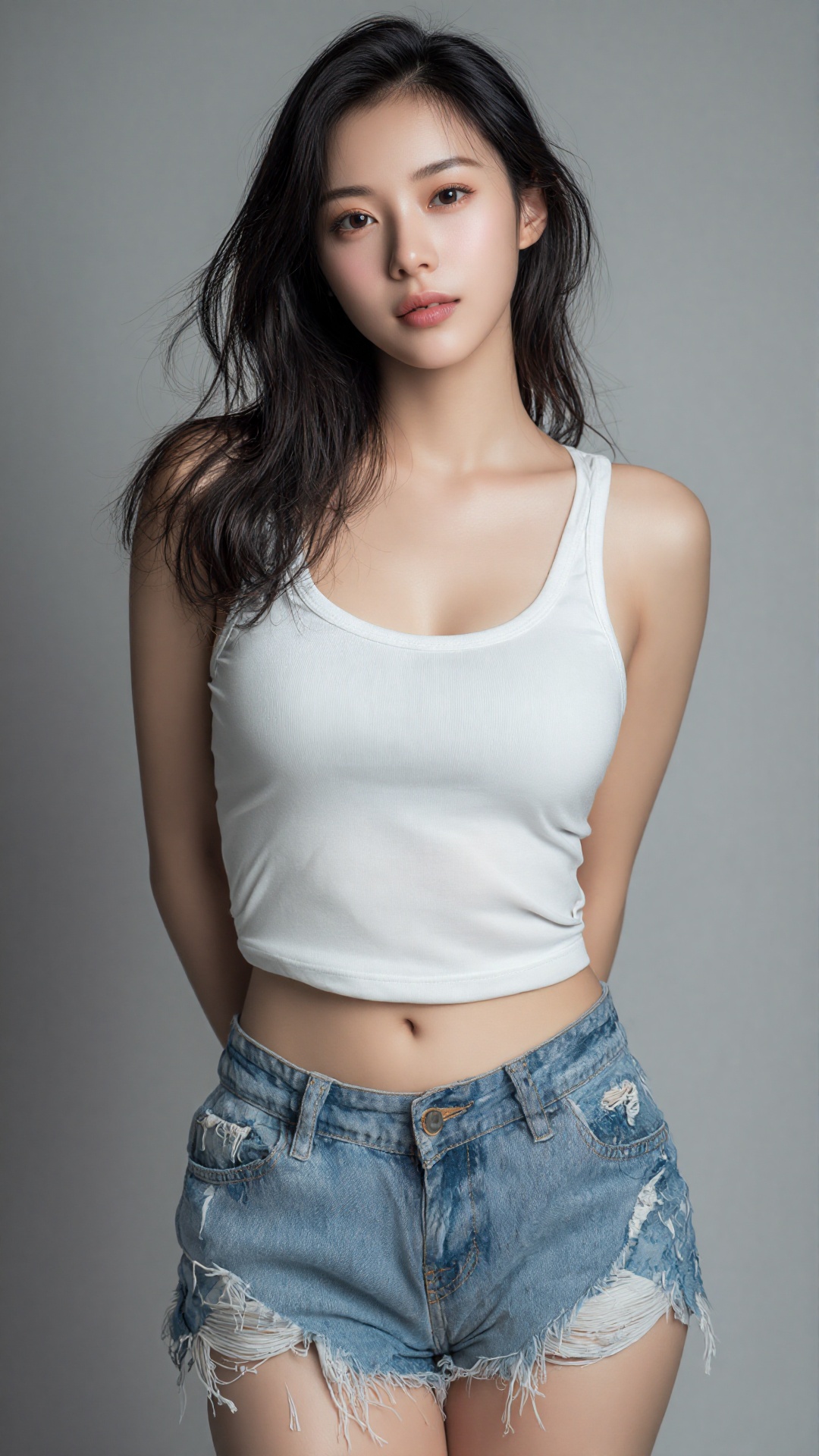 This is a photograph of an East Asian woman with long,  straight black hair and fair skin. She is wearing a white,  high-c...