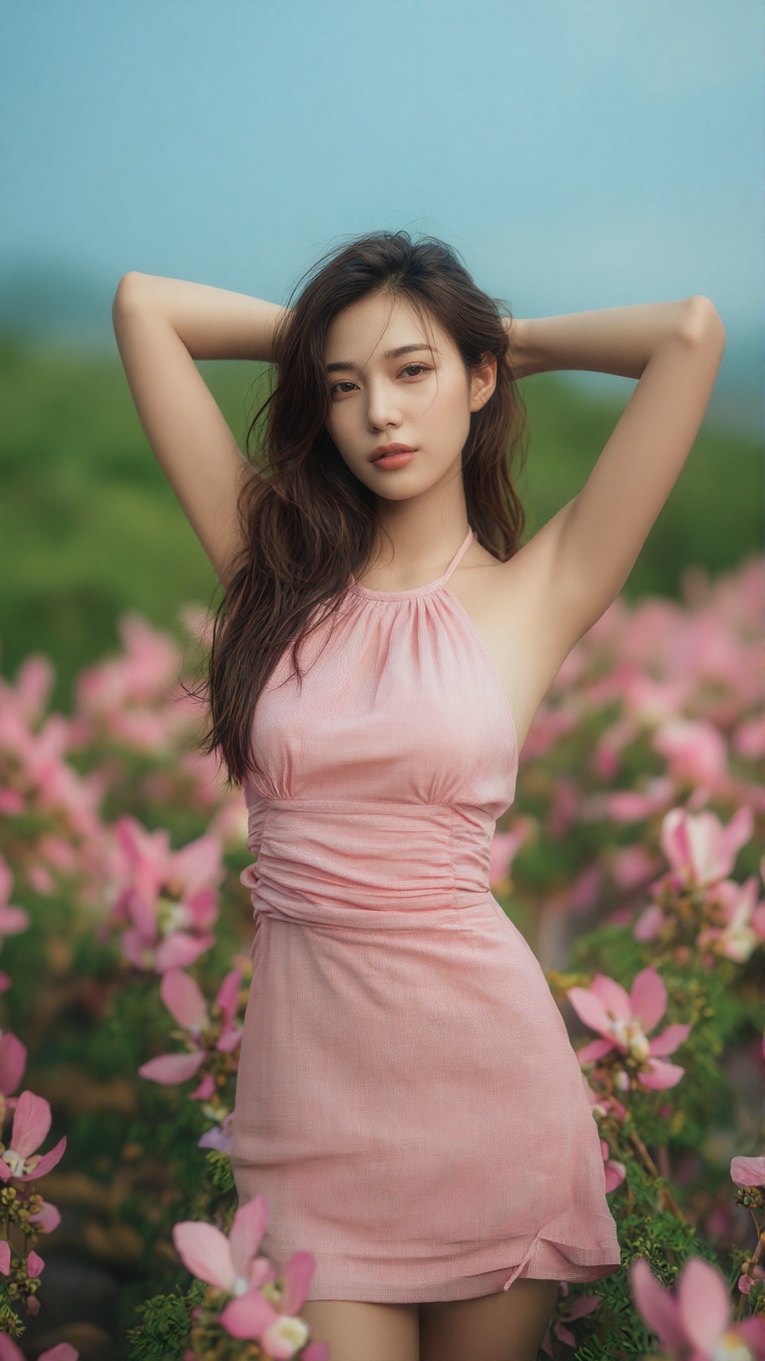 a photo-realistic shoot from a portrait camera angle about a young woman posing in a pink dress surrounded by pink flowers...