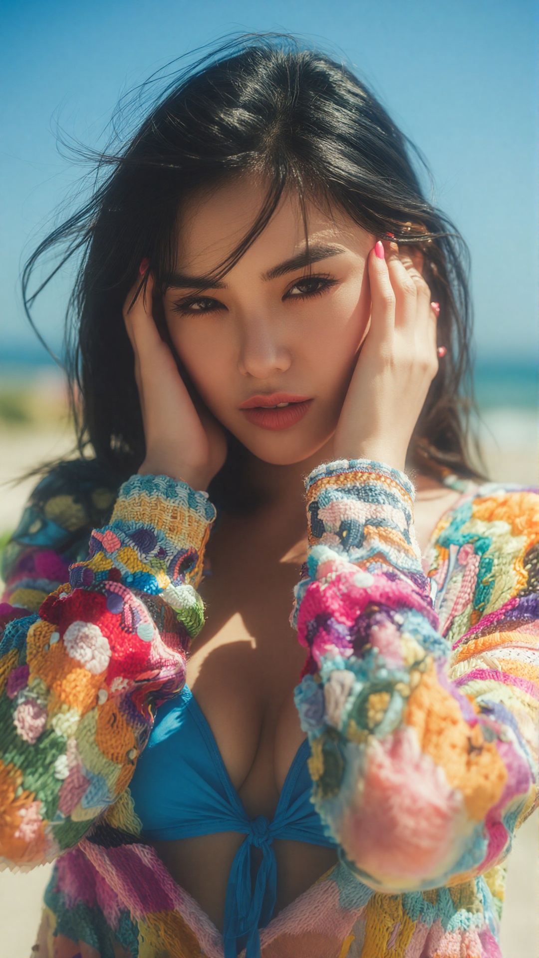 a photo-realistic shoot from a close-up camera angle about a young woman with long black hair,  wearing a blue bikini top...