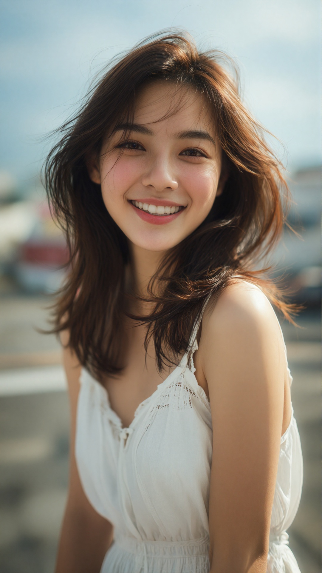 Photograph of a young Asian woman with fair skin and shoulder-length,  slightly windswept brown hair,  smiling brightly at...
