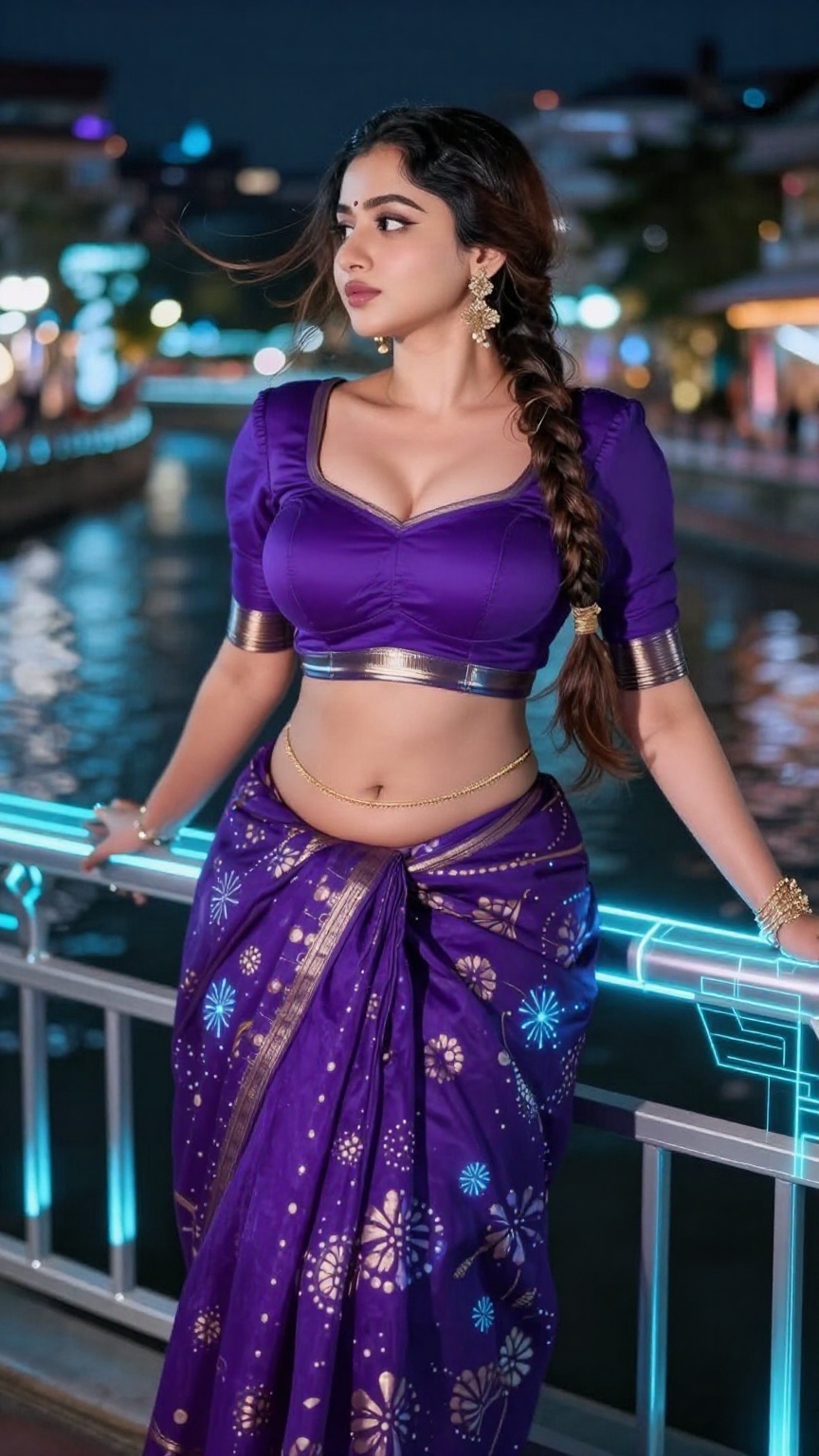 ultra realistic fair-skinned Kerala woman leaning against a holographic railing overlooking a futuristic canal,  wearing a...