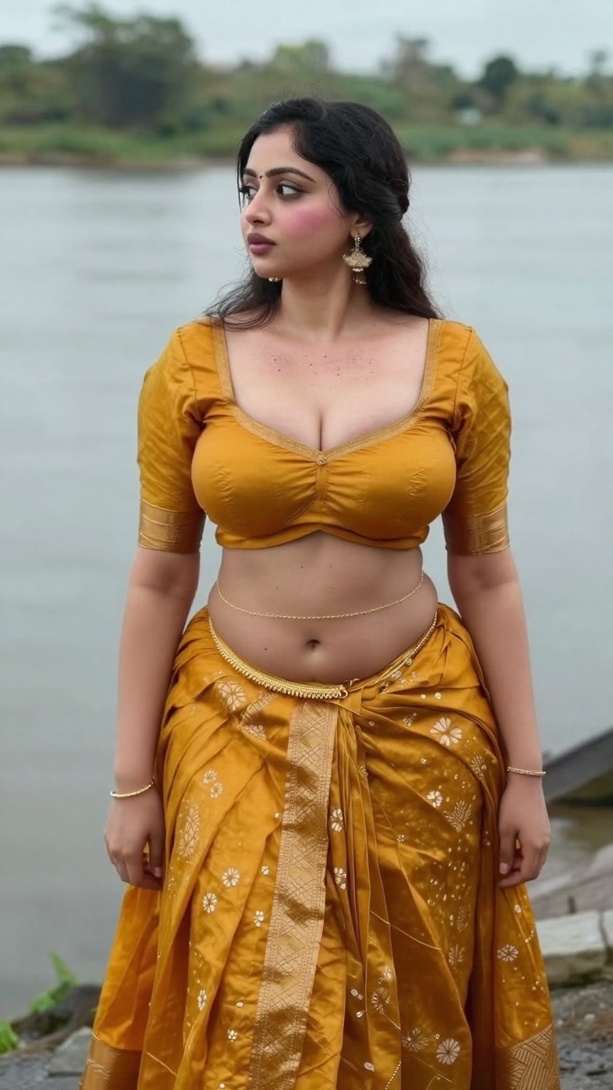 ultra realistic fair-skinned Kerala woman standing beside a calm riverside during monsoon season,  wearing a rich mustard-...