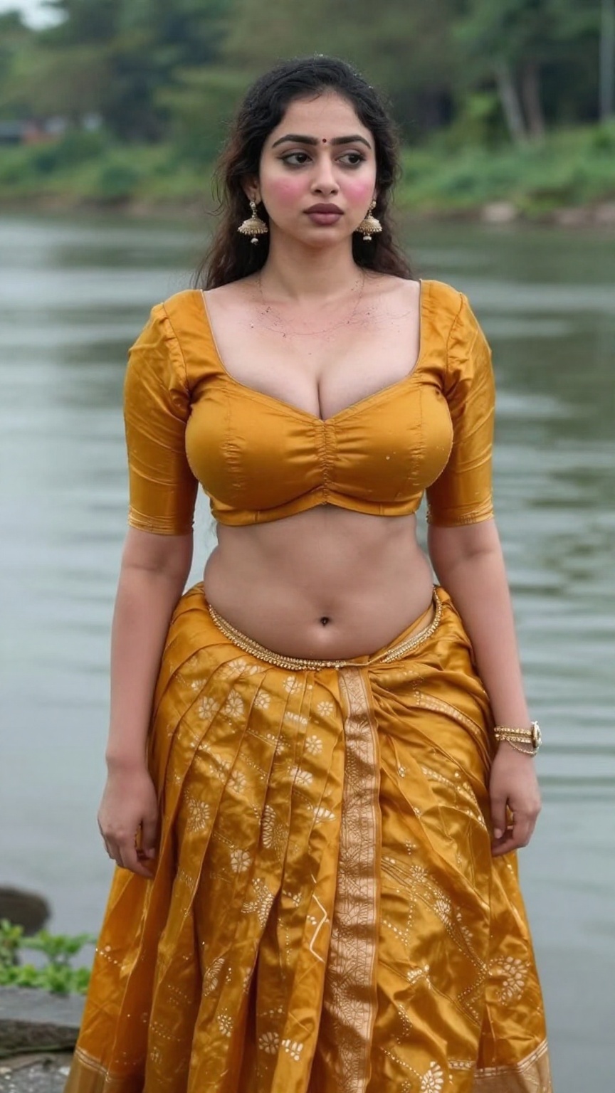 ultra realistic fair-skinned Kerala woman standing beside a calm riverside during monsoon season,  wearing a rich mustard-...