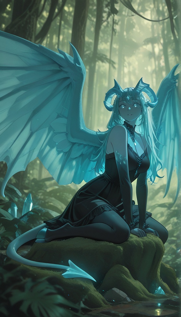 Create a gothic scene where Vespera,  a majestic creature with crystal horns,  wings on Tensor.Art
