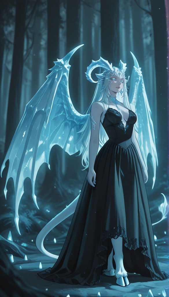 Create a gothic-inspired illustration of Vespera,  a mystical creature adorned with crystal horns that sparkle in the dim...