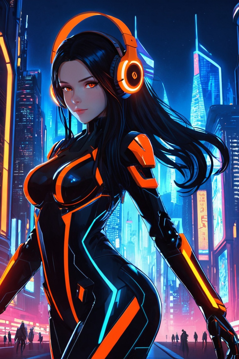 anime girl The image depicts a futuristic,  cybernetic woman with long,  dark hair that cascades down her shoulders. She i...