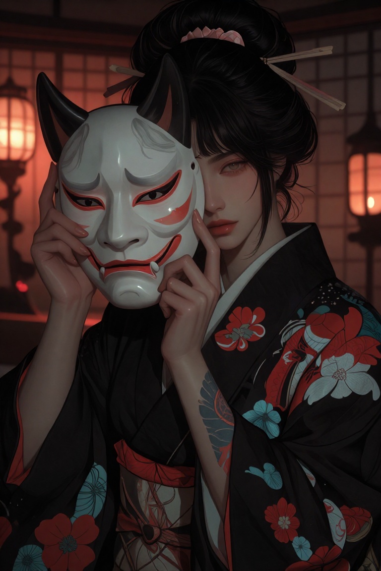 A young woman with piercing hazel eyes and dark hair styled in an updo with japanese traditional hair sticks is partially...