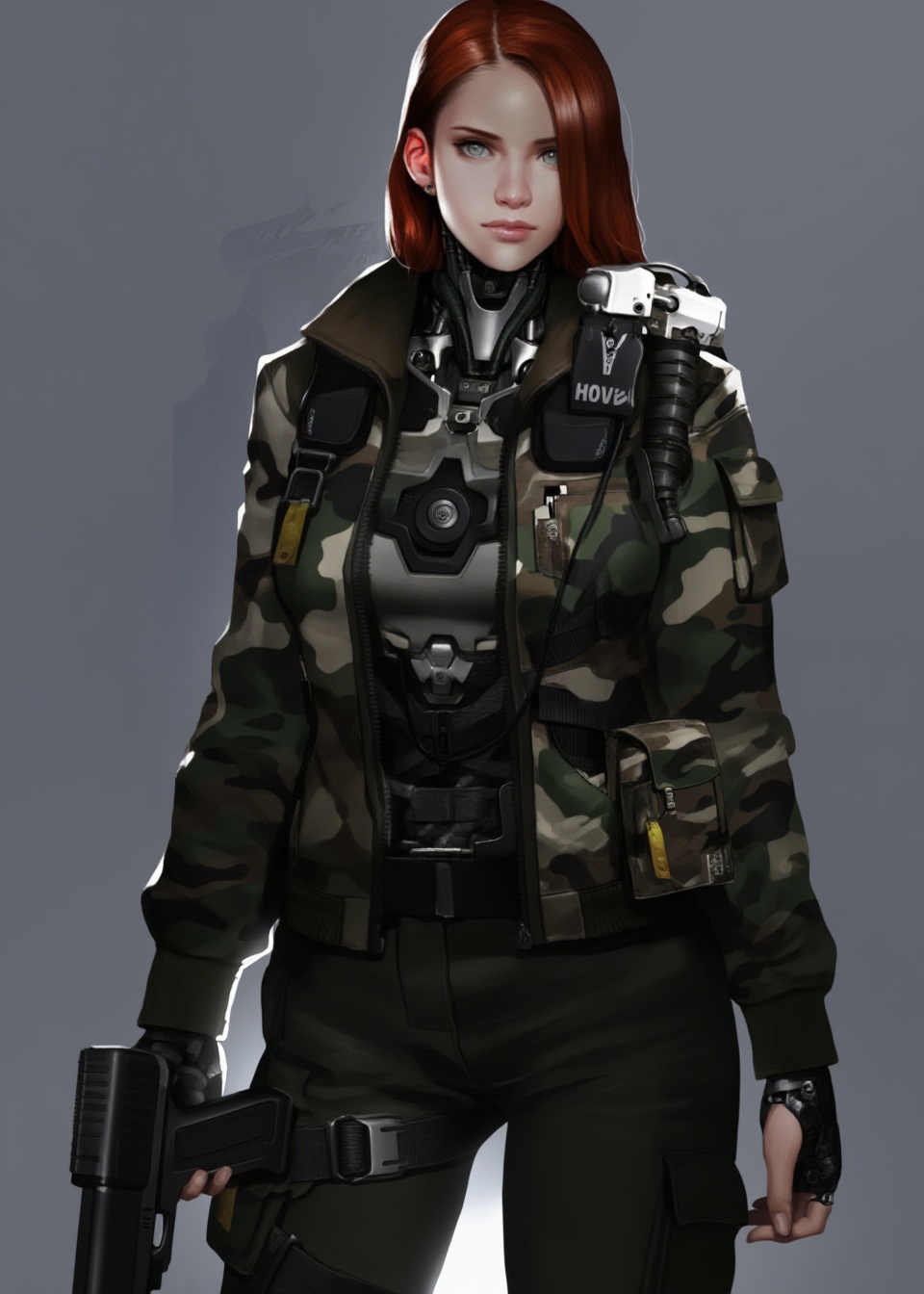 A detailed digital illustration depicts a female cyborg with red hair and camouflage attire,  holding a gun. mechanical en...