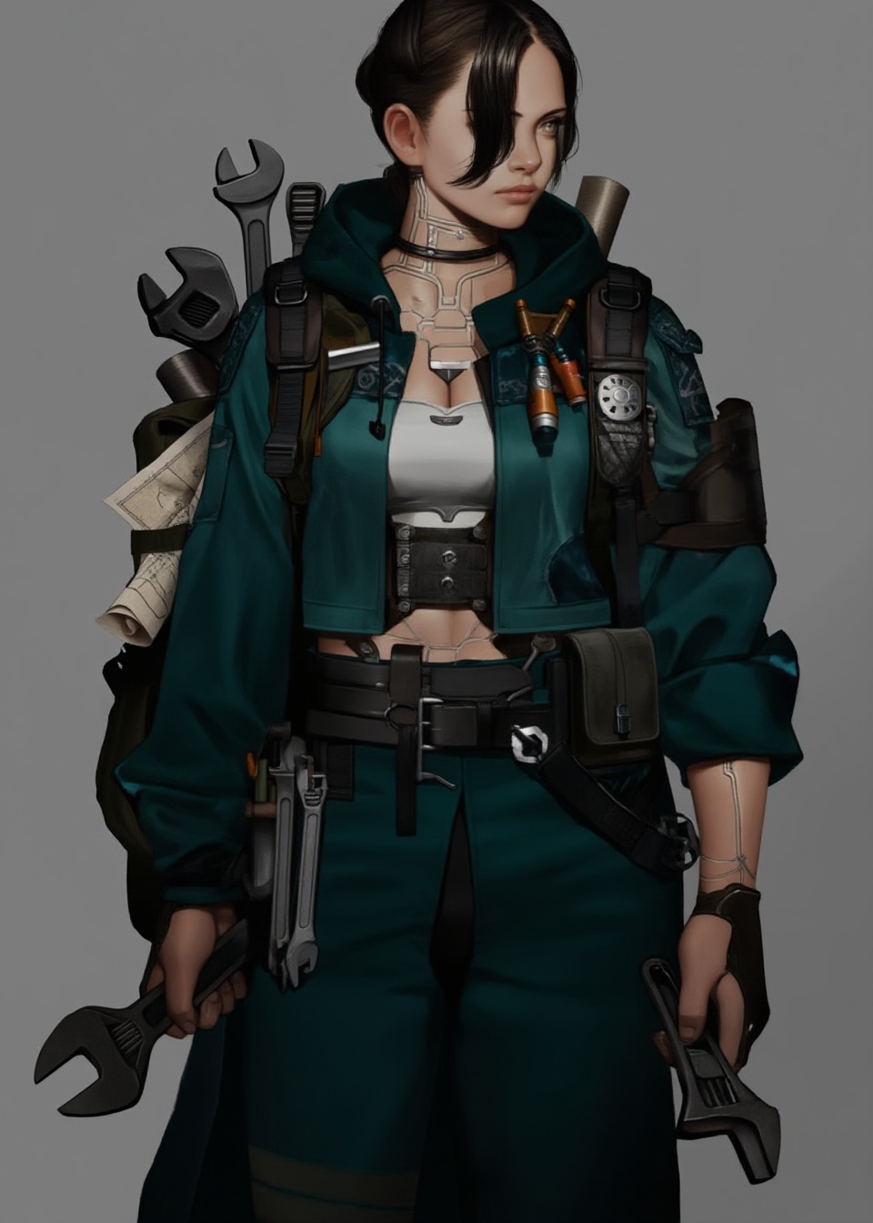 A detailed digital illustration depicts a female,  holding a wrench. a backpack with rolled paper maps and wrenches. thin...