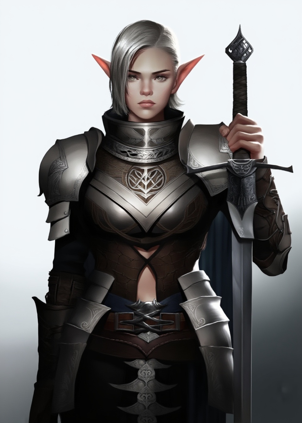 A digital illustration of an elven warrior in detailed fantasy armor,  holding a sheathed sword. The character has pointed...